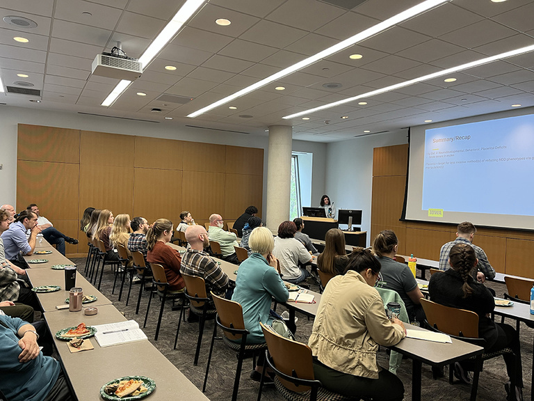 People seated at long tables listening to a presenter who is speaking from the font of the room